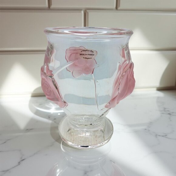 Vintage Teleflora Gifts Heavy Glass Flower Vase Featuring 3D Frosted Pink Rose D - Picture 3 of 13